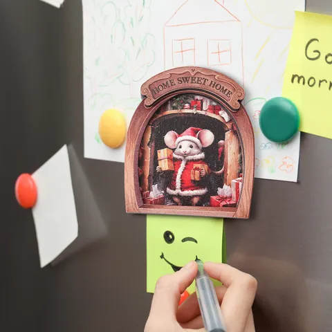 Wooden Christmas Mouse Hole Magnetic Fridge Magnet 3D Cute Refrigerator Sticker Home Kitchen Holiday Party Decor