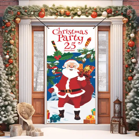 Christmas Door Curtain Santa Claus Printed Polyester Hanging Banner Festival Party Home Doorway Wall Decoration