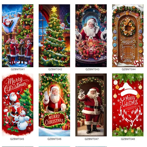 Christmas Door Curtain Santa Claus Printed Polyester Hanging Banner Festival Party Home Doorway Wall Decoration