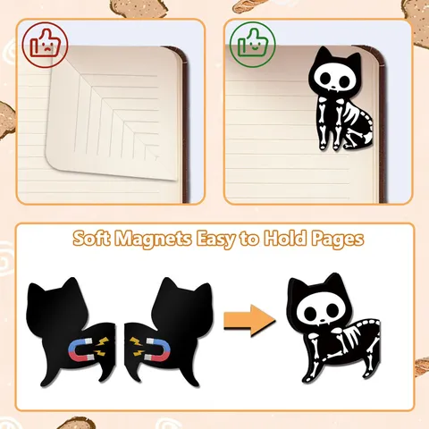 Schwarz Und Weiß Skelett Katze Magnetische Lesezeichen PVC Süße Halloween Lesebücher Clips Für Bücher Büro Schulbedarf