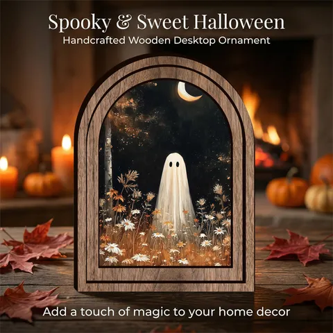 Halloween Wooden Framed Wall Art Rustic Ghost Picture Print Decoration For Home Room