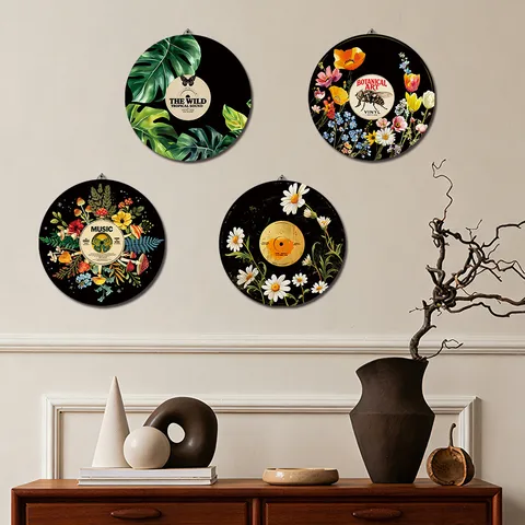 Bohemian Boho Wooden Wall Art Round Vinyl Record Style Botanical Floral Hanging Decor Plaque For Living Room Bedroom Home