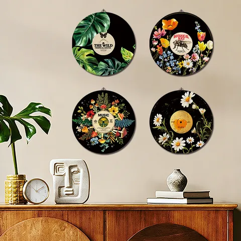 Bohemian Boho Wooden Wall Art Round Vinyl Record Style Botanical Floral Hanging Decor Plaque For Living Room Bedroom Home