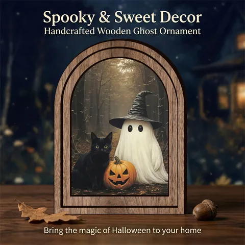 Arte da Parete Incorniciata in Legno di Halloween Fantasma Zucca Gatto Nero Stampa Segno Sospeso Grazioso Arredamento Casa Pannello di Legno