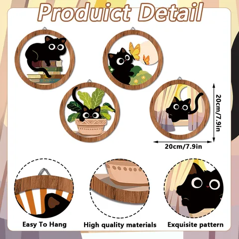 Adesivo da Parete in Legno Stile Bohemien Set Carino Gatto Nero Illustrazione Tavola di Legno Rotonda Decorazione per la Casa Ornamento Appeso