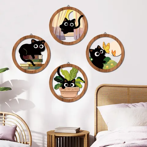 Adesivo da Parete in Legno Stile Bohemien Set Carino Gatto Nero Illustrazione Tavola di Legno Rotonda Decorazione per la Casa Ornamento Appeso