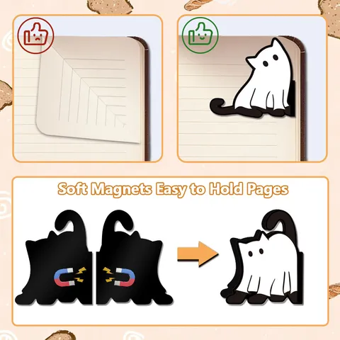 Cute Black White Ghost Cat Magnetic Bookmark PVC Soft Magnet Page Marker Cute Reading Gift For Book Lovers Office Supplies