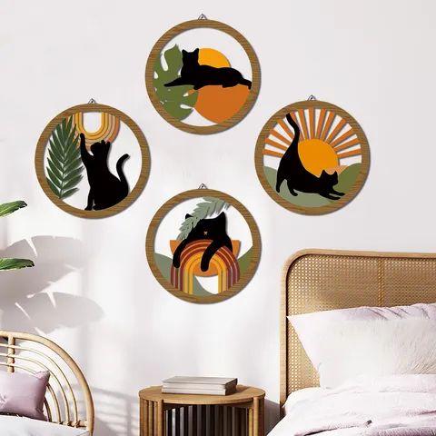 Stile Boho Adesivo da Parete Rotondo in Legno Arte Gatto Nero Sole Arcobaleno Pianta Siluetta Decorazione per la Casa