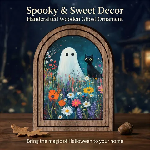 Segnale Sospeso da Parete in Legno di Halloween Fantasma e Gatto Nero Stile Campagnolo Decorazione d'Arte Murale 3D per Festa