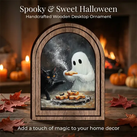 Cadre Photo en Bois Halloween Fantôme Chat Noir Sticker Mural Mignon Saisonal Vacances Décoration Intérieure Ornement de Table