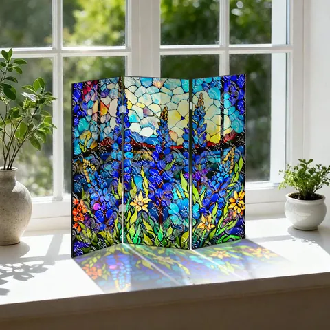 Mini Acrylic Folding Screen Desktop Ornament Begonia Pattern Translucent Decorative Screen Tabletop Display Stand