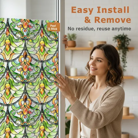 3D Embossed PVC Stained Glass Window Film Static Cling Privacy Decorative Window Sticker Floral Geometric Home Decor