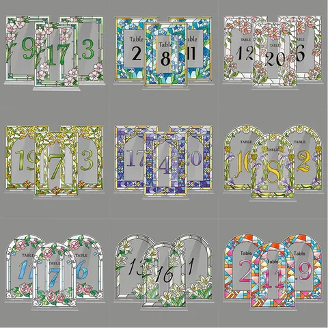 Clear Acrylic Wedding Table Number Signs Stained Glass Floral Design Table Numbers For Party Event Centerpieces Decor