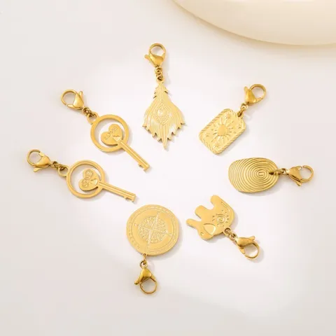 Stainless Steel Compass Elephant Key Heart Feather Pendant Charms For DIY Necklace Bracelet Jewelry Making Accessories Gold Plated Clip-on Charms