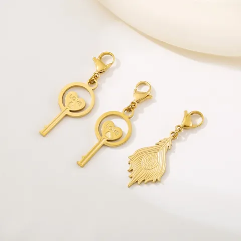 Stainless Steel Compass Elephant Key Heart Feather Pendant Charms For DIY Necklace Bracelet Jewelry Making Accessories Gold Plated Clip-on Charms