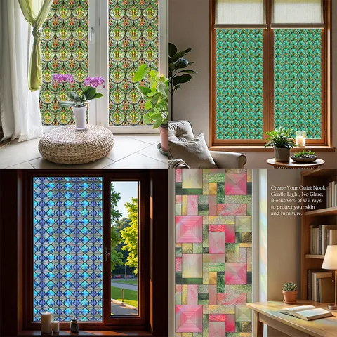 3D Embossed PVC Stained Glass Window Film Static Cling Privacy Decorative Window Sticker Floral Geometric Home Decor