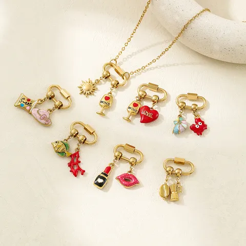 18K Vergoldet Edelstahl Emaille DIY Anhänger Herz Weinglas Mit Karabinerverschluss Kette Armband Herstellung Zubehör