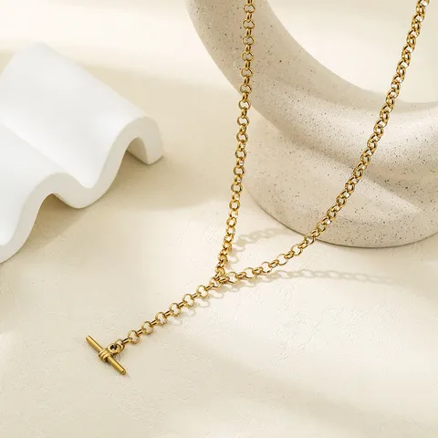 Stainless Steel T-Bar Pendant Necklace 18K Gold Plated Toggle Clasp Link Chain Minimalist Clavicle Necklace Jewelry For Women Men