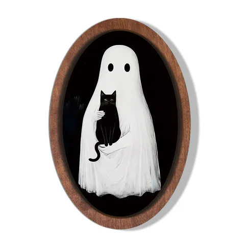 Plaque Suspendue en Bois d'Halloween Vintage Fantôme et Chat Noir Cadre Photo Décoration Murale pour Fête de Festival Maison