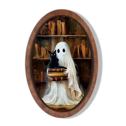 Halloween Fantôme Chat Noir Cadre Photo en Bois Vintage 3D Panneau Suspendu Décoration Murale Fête Effrayante Maison