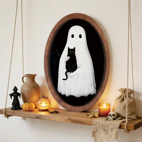 Plaque Suspendue en Bois d'Halloween Vintage Fantôme et Chat Noir Cadre Photo Décoration Murale pour Fête de Festival Maison