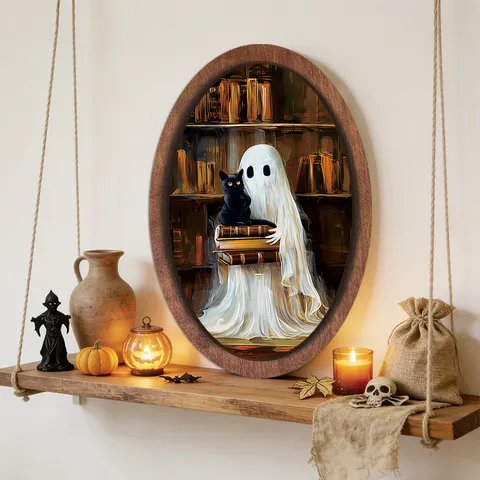 Halloween Fantôme Chat Noir Cadre Photo en Bois Vintage 3D Panneau Suspendu Décoration Murale Fête Effrayante Maison