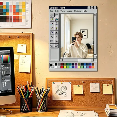 Specchio da Parete Creativo in Legno Acrilico Design UI Vernice per Computer Specchio Sospeso Decorativo per Bagno Soggiorno Casa