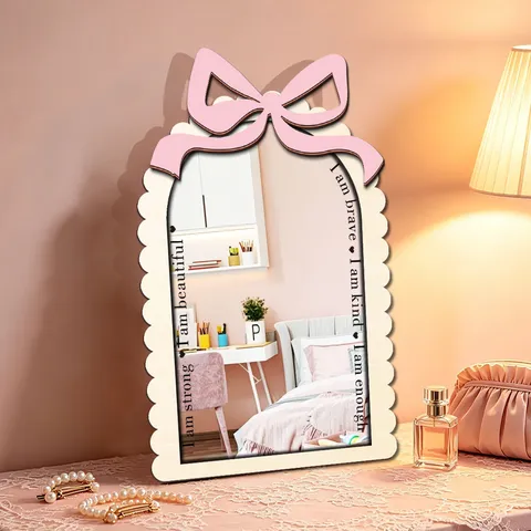 Specchio Decorativo in Legno Acrilico Fiocco Estetico da Parete Tavolo Specchio Trucco Carino Arredo Stanza Casa