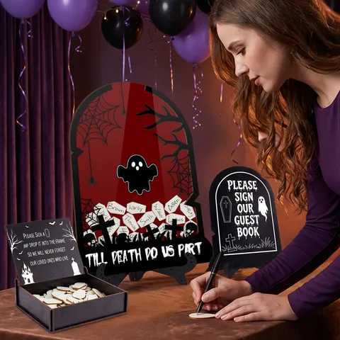 Halloween Wedding Guest Book Tombstone Acrylic Wooden Message Board Tabletop Ornament Party Decor Gift