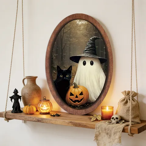 Rétro Bois Halloween Panneau Suspendu Fantôme Chat Noir Citrouille Plaque Murale Double Couche Cadre Photo Fête Décoration Murale