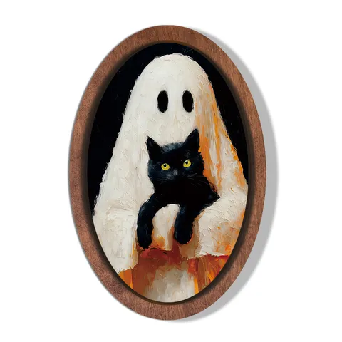 Targa da Parete in Legno di Halloween Retro Fantasma Gatto Nero Stile Pittura a Olio Cartello Sospeso Decorazione per Feste