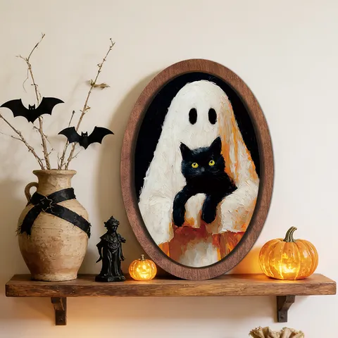 Targa da Parete in Legno di Halloween Retro Fantasma Gatto Nero Stile Pittura a Olio Cartello Sospeso Decorazione per Feste