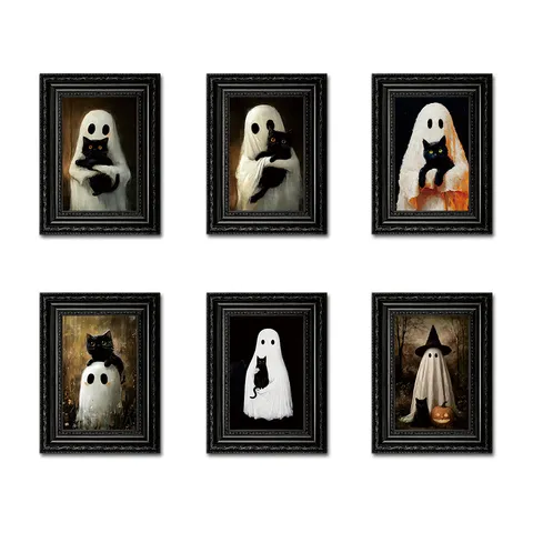 Aimant de Réfrigérateur Cadre Photo en Bois Halloween Fantôme Chat Noir Autocollant Magnétique Décoration