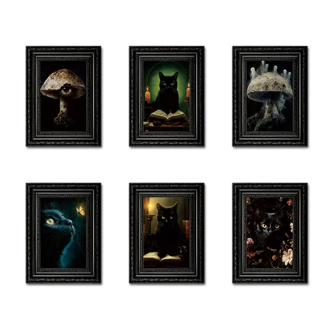 Halloween Chat Noir Cadre Photo en Bois Aimant Style Sombre Gothique Autocollant de Réfrigérateur Décoration de Maison