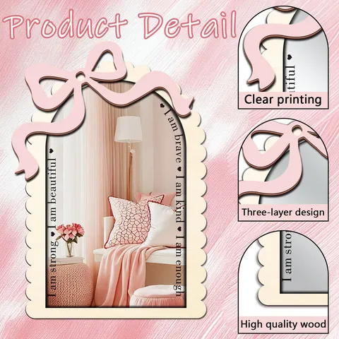 Wooden Acrylic Decorative Mirror Tabletop Wall Mounted Vanity Mirror With Bowknot Inspirational Quotes Cute Room Decor