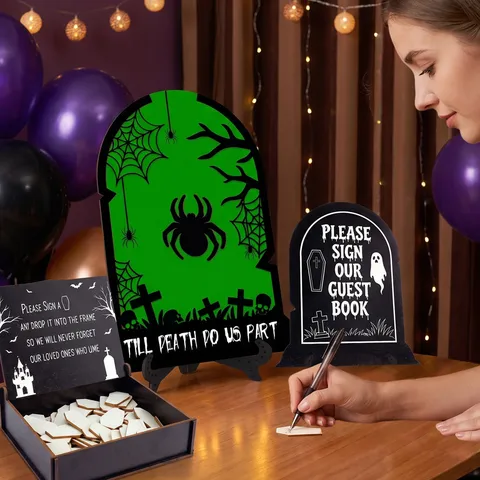 Halloween Wedding Guest Book Tombstone Acrylic Wood Sign Sign-in Board Message Ornament Party Desktop Table Decor Gift