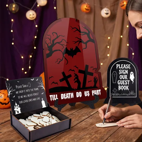 Halloween Wedding Guest Book Sign Wooden Acrylic Tombstone Set Table Centerpiece Gothic Party Decoration