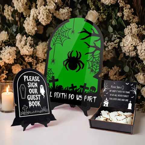Halloween Wedding Guest Book Tombstone Acrylic Wood Sign Sign-in Board Message Ornament Party Desktop Table Decor Gift