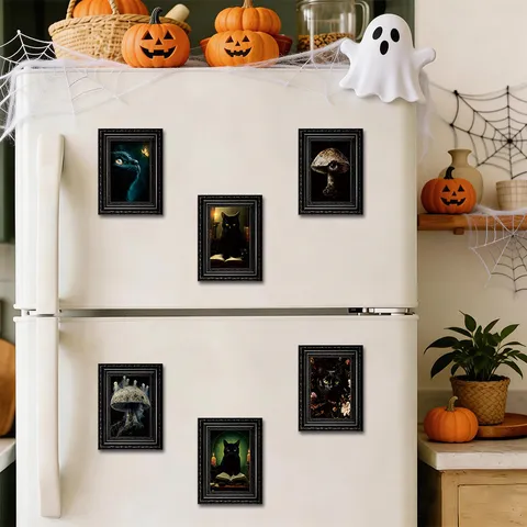 Halloween Chat Noir Cadre Photo en Bois Aimant Style Sombre Gothique Autocollant de Réfrigérateur Décoration de Maison