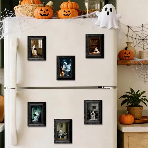 Halloween Wooden Ghost Fridge Magnet Retro Picture Frame Magnetic Sticker Horror Festival Home Kitchen Decor Gift