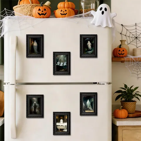 Halloween Wooden Picture Frame Refrigerator Magnet Retro Ghost Art Decorative Magnetic Sticker Home Kitchen Decor