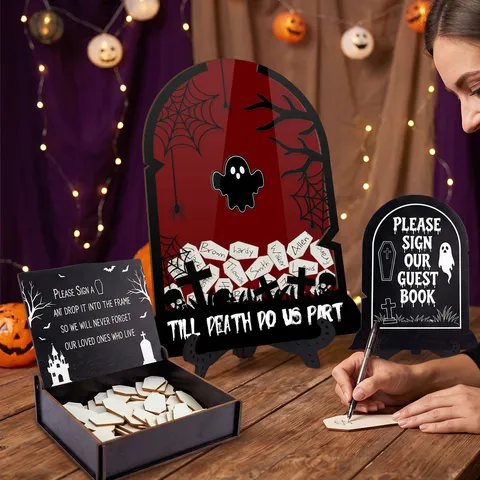 Halloween Wedding Guest Book Tombstone Acrylic Wooden Message Board Tabletop Ornament Party Decor Gift