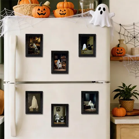 Halloween 3D Ghost Magnetic Refrigerator Sticker Creative Cartoon Black Retro Picture Frame Fridge Magnet Home Decor Festival Gift