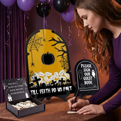 Halloween Wedding Guest Book Tombstone Coffin Wood Acrylic Sign In Drop Box Table Centerpiece Party Decor