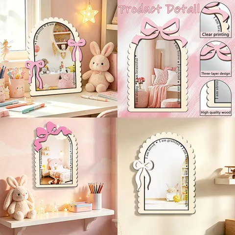 Wooden Acrylic Decorative Mirror Tabletop Wall Mounted Vanity Mirror With Bowknot Inspirational Quotes Cute Room Decor