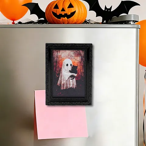 Halloween Ghost Black Frame Magnetic Photo Frame Fridge Magnet Resin Cute Spooky Festival Home Decor Party Sticky Note Holder