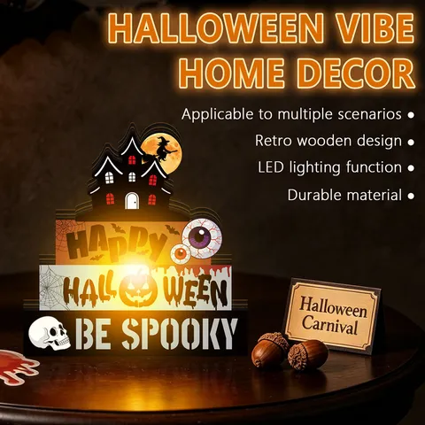 Halloween Wooden Desktop Ornament LED Glowing Ghost Pumpkin Multi-Layer Stereo Display Sign Festival Party Decor