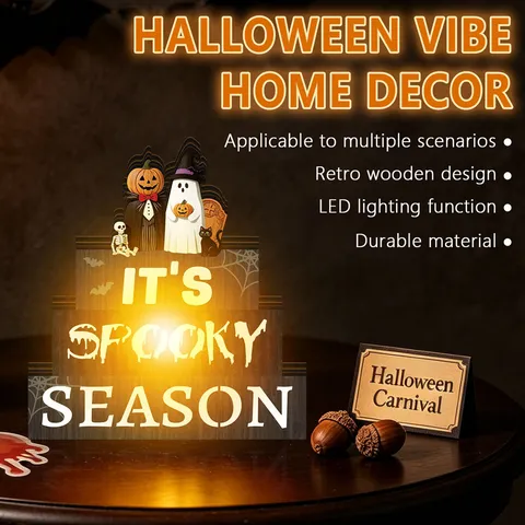 Halloween Wooden Pumpkin Ghost Desktop Ornament LED Light Up Tiered Tray Decor Festival Party Home Decoration