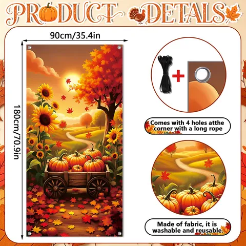 Thanksgiving Pumpkin Turkey Door Curtain Polyester Fabric Hanging Banner Autumn Harvest Fall Porch Decor Party Supplies