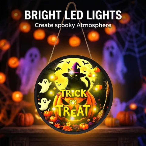 Targa da Muro in Legno con Gatto Nero Luminoso di Halloween Luce LED Segno Sospeso Dolcetto o Scherzetto Decorazione Festa